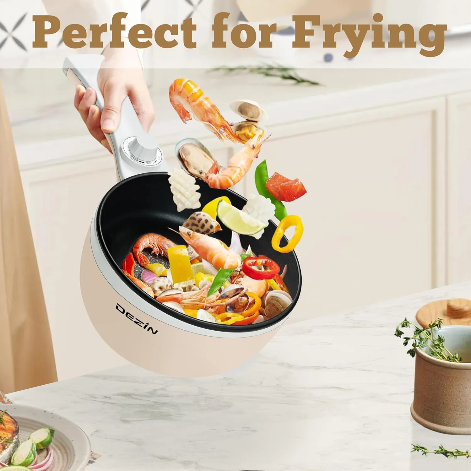 Dezin Hot Pot Electric with Steamer Upgraded, Non-Stick Sauté Pan, Rapid Noodles Electric Pot, 1.5L Mini Pot for Steak, Egg, Fried Rice, Ramen, Oatmeal, Soup with Power Adjustment