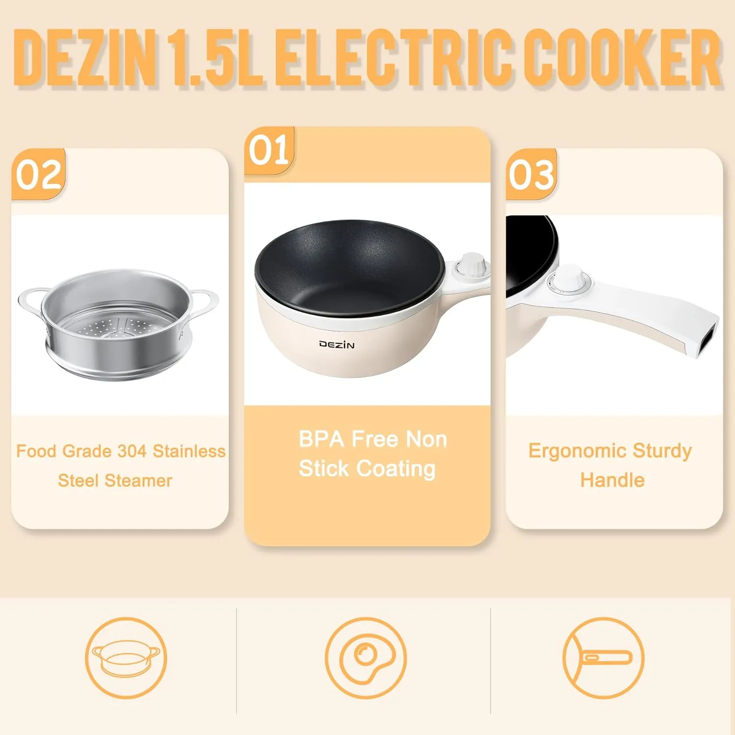 Dezin Hot Pot Electric with Steamer Upgraded, Non-Stick Sauté Pan, Rapid Noodles Electric Pot, 1.5L Mini Pot for Steak, Egg, Fried Rice, Ramen, Oatmeal, Soup with Power Adjustment