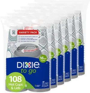 Dixie To Go Paper Coffee Cups With Lids, 16 oz, 108 ct, Disposable Insulated Paper Cups for On-The-Go Hot or Cold Beverages