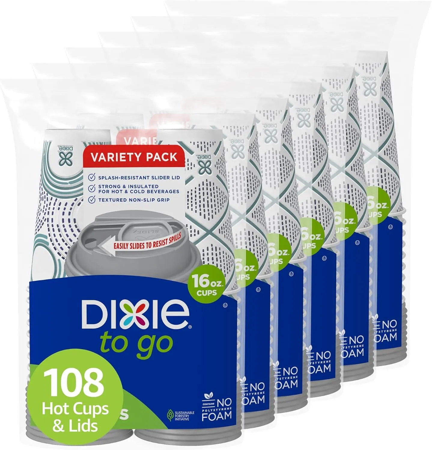 Dixie To Go Paper Coffee Cups With Lids, 16 oz, 108 ct, Disposable Insulated Paper Cups for On-The-Go Hot or Cold Beverages