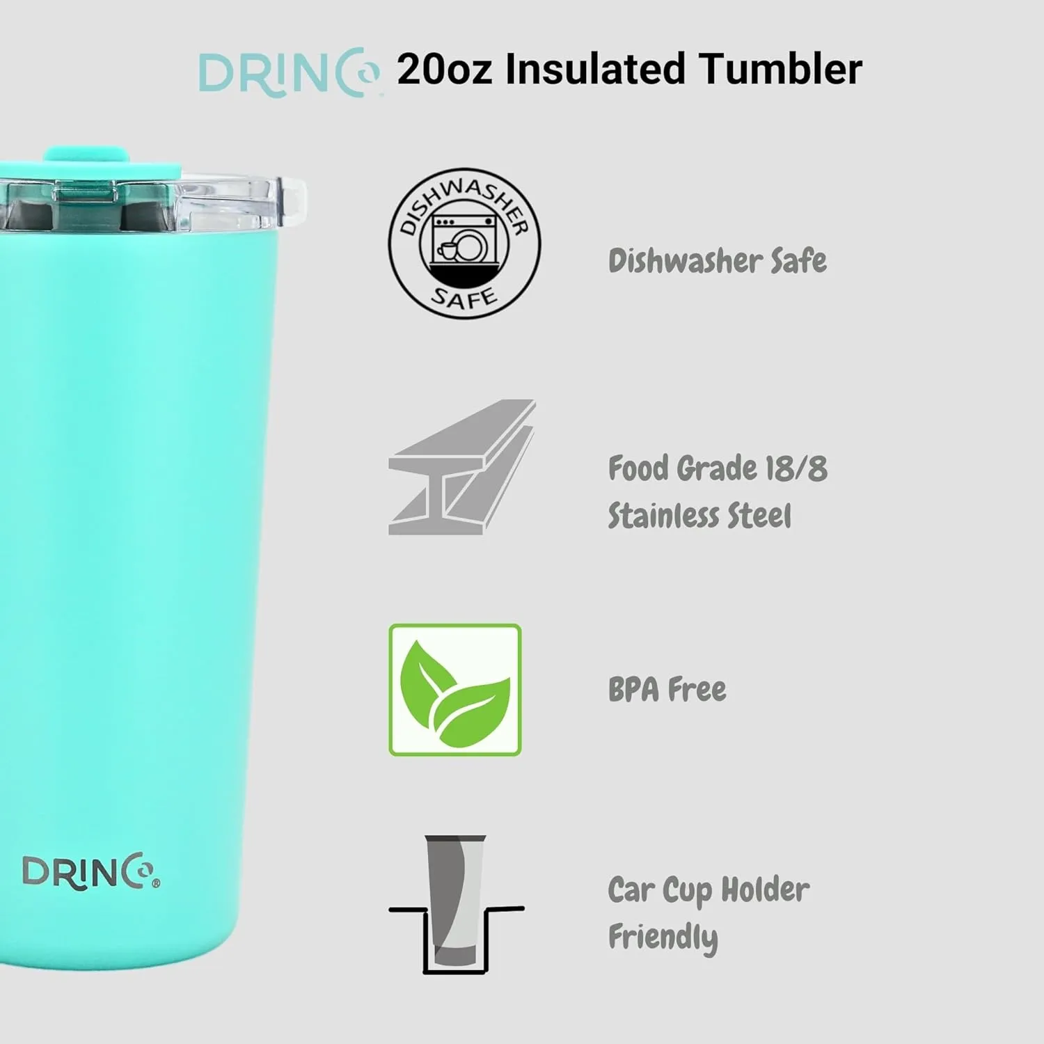 Drinco - 20 oz Stainless Steel Tumbler | Double Walled Vacuum Insulated Mug With Lid, 2 Straws, For Hot & Cold Drinks (20oz, 20oz Teal), 1 Count (Pack of 1)