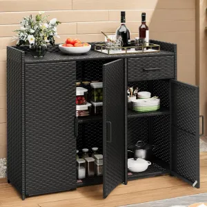 DWVO Outdoor Storage Cabinet Patio Table with Two Doors, Adjustable Shelves & Foldable Drawer, Sideboard with PE Rattan for Pool Tool and Garden Tools, Black