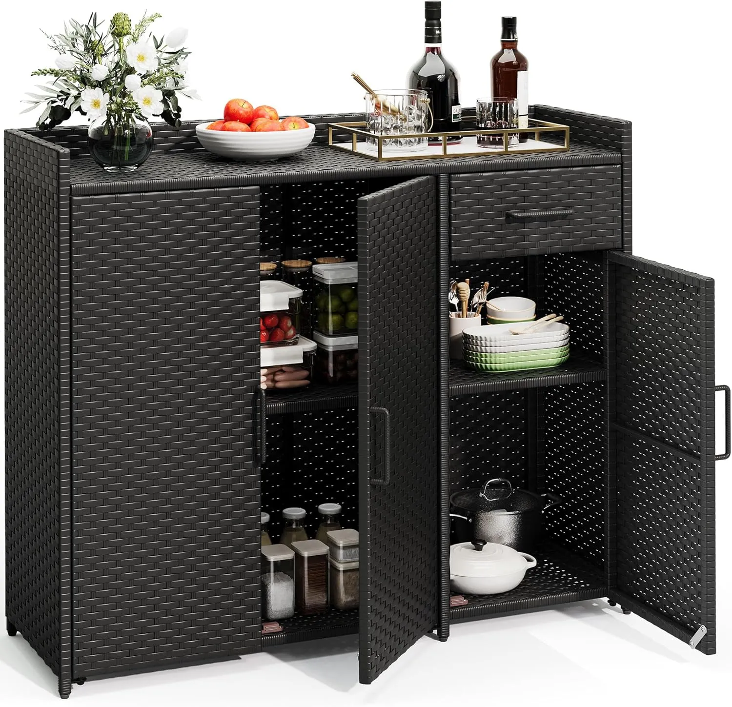 DWVO Outdoor Storage Cabinet Patio Table with Two Doors, Adjustable Shelves & Foldable Drawer, Sideboard with PE Rattan for Pool Tool and Garden Tools, Black