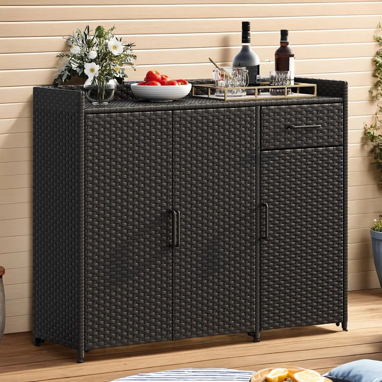 DWVO Outdoor Storage Cabinet Patio Table with Two Doors, Adjustable Shelves & Foldable Drawer, Sideboard with PE Rattan for Pool Tool and Garden Tools, Black