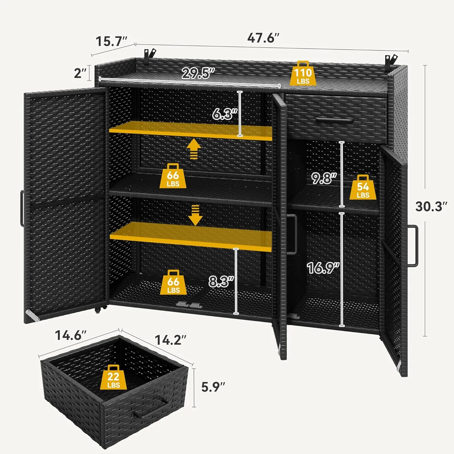 DWVO Outdoor Storage Cabinet Patio Table with Two Doors, Adjustable Shelves & Foldable Drawer, Sideboard with PE Rattan for Pool Tool and Garden Tools, Black