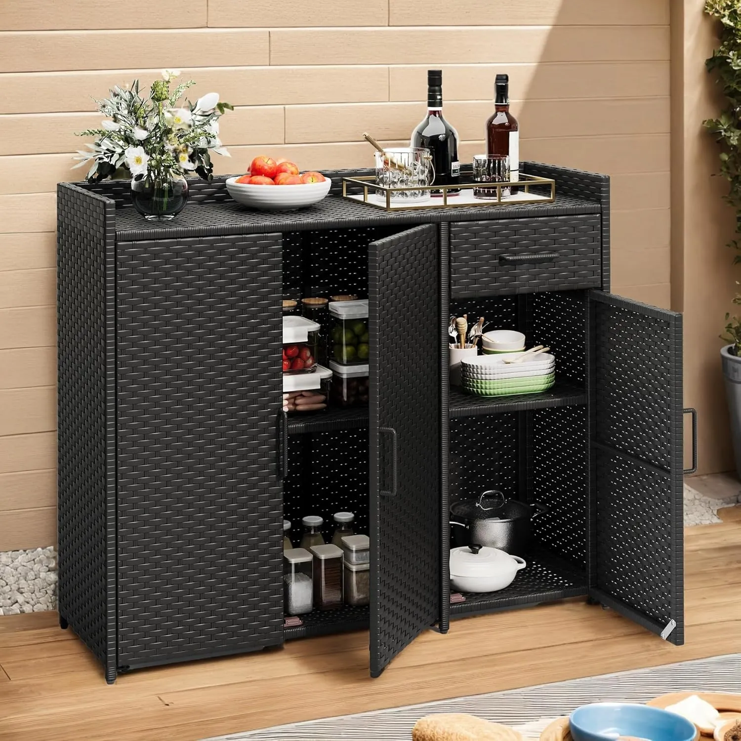 DWVO Outdoor Storage Cabinet Patio Table with Two Doors, Adjustable Shelves & Foldable Drawer, Sideboard with PE Rattan for Pool Tool and Garden Tools, Black