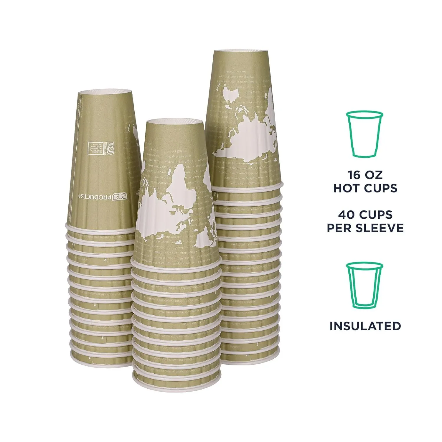 ECO PRODUCTS Compostable Disposable Insulated World Art 16oz Large Coffee Cups, Case of 600, Renewable Double-wall Hot Paper Cup, Plant Based PLA Lining, No Sleeves Needed, Color Coded