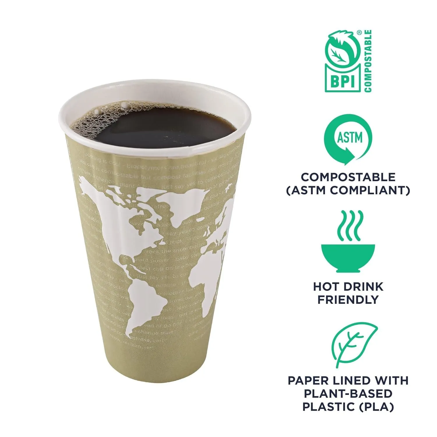 ECO PRODUCTS Compostable Disposable Insulated World Art 16oz Large Coffee Cups, Case of 600, Renewable Double-wall Hot Paper Cup, Plant Based PLA Lining, No Sleeves Needed, Color Coded