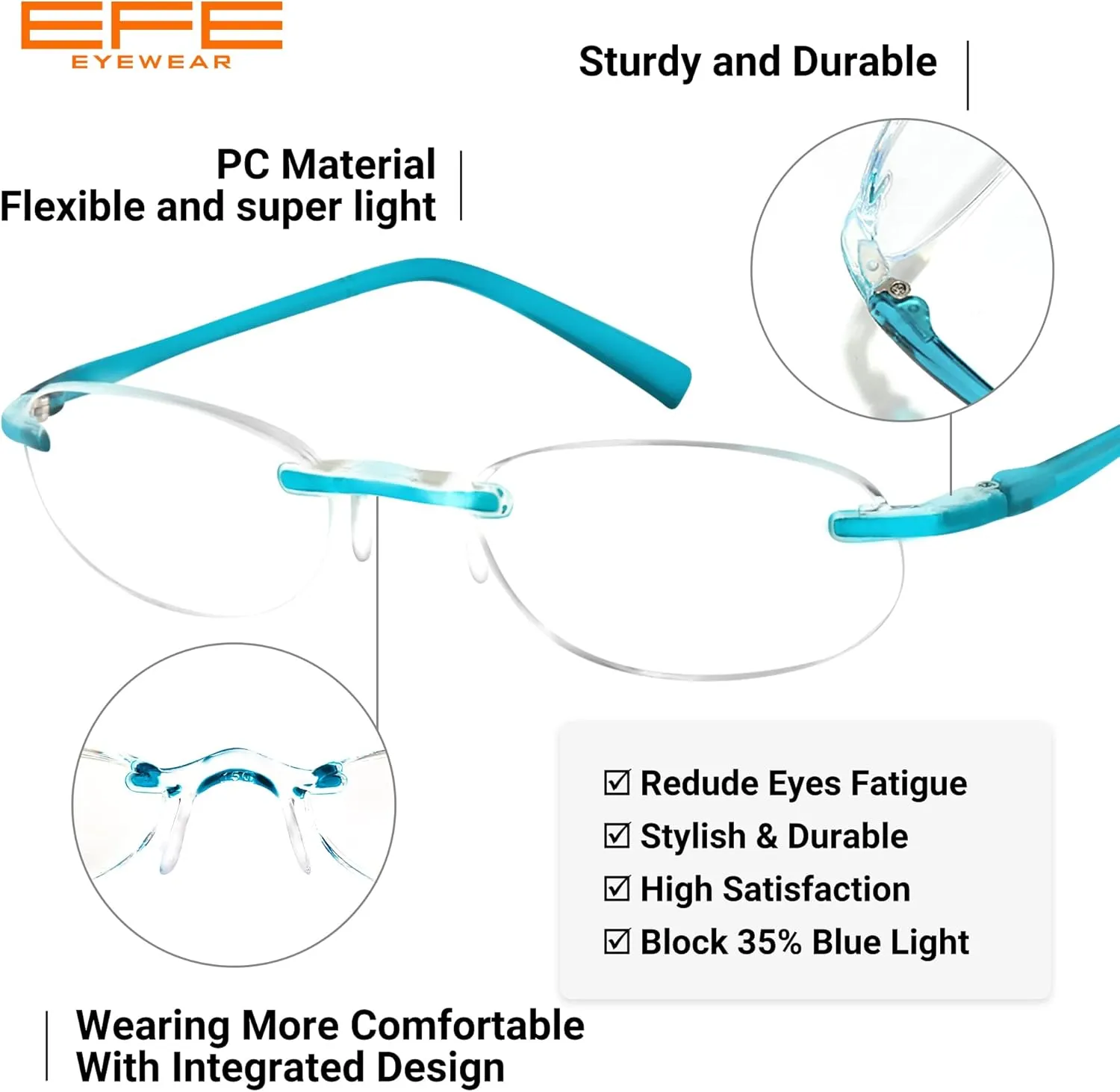 EFE Rimless Reading Glasses Readers for Women 2.0 Lightweight Frameless Blue Light Blocking Eyeglasses 3 Pack (Mixcolor, 2.0)