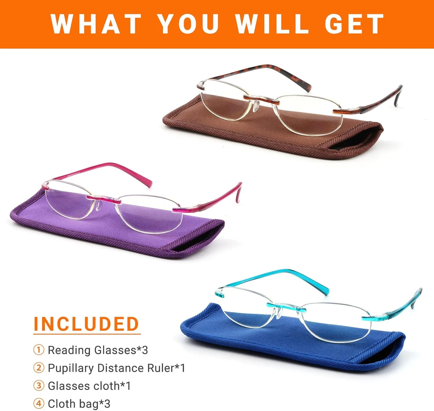 EFE Rimless Reading Glasses Readers for Women 2.0 Lightweight Frameless Blue Light Blocking Eyeglasses 3 Pack (Mixcolor, 2.0)