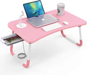 Elekin Laptop Desk for Bed,Portable Folding Lap Desk Bed Table Standing Work Table Bed Tray with 4 USB Port/Cup Holder/Drawer for Bed Couch/Sofa Pink