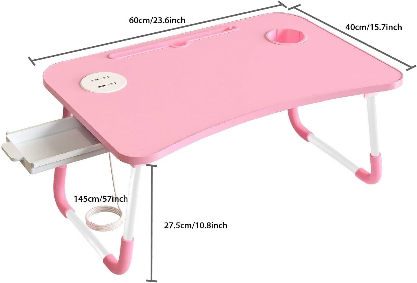 Elekin Laptop Desk for Bed,Portable Folding Lap Desk Bed Table Standing Work Table Bed Tray with 4 USB Port/Cup Holder/Drawer for Bed Couch/Sofa Pink