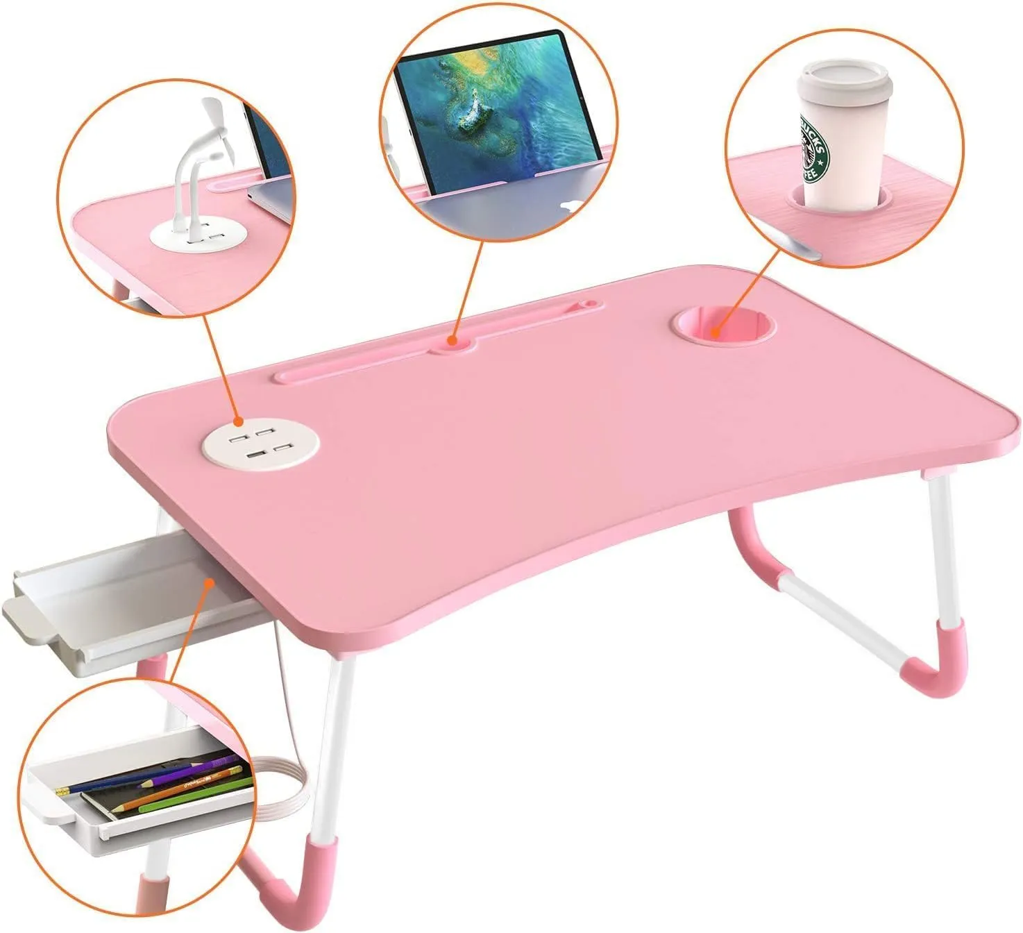 Elekin Laptop Desk for Bed,Portable Folding Lap Desk Bed Table Standing Work Table Bed Tray with 4 USB Port/Cup Holder/Drawer for Bed Couch/Sofa Pink