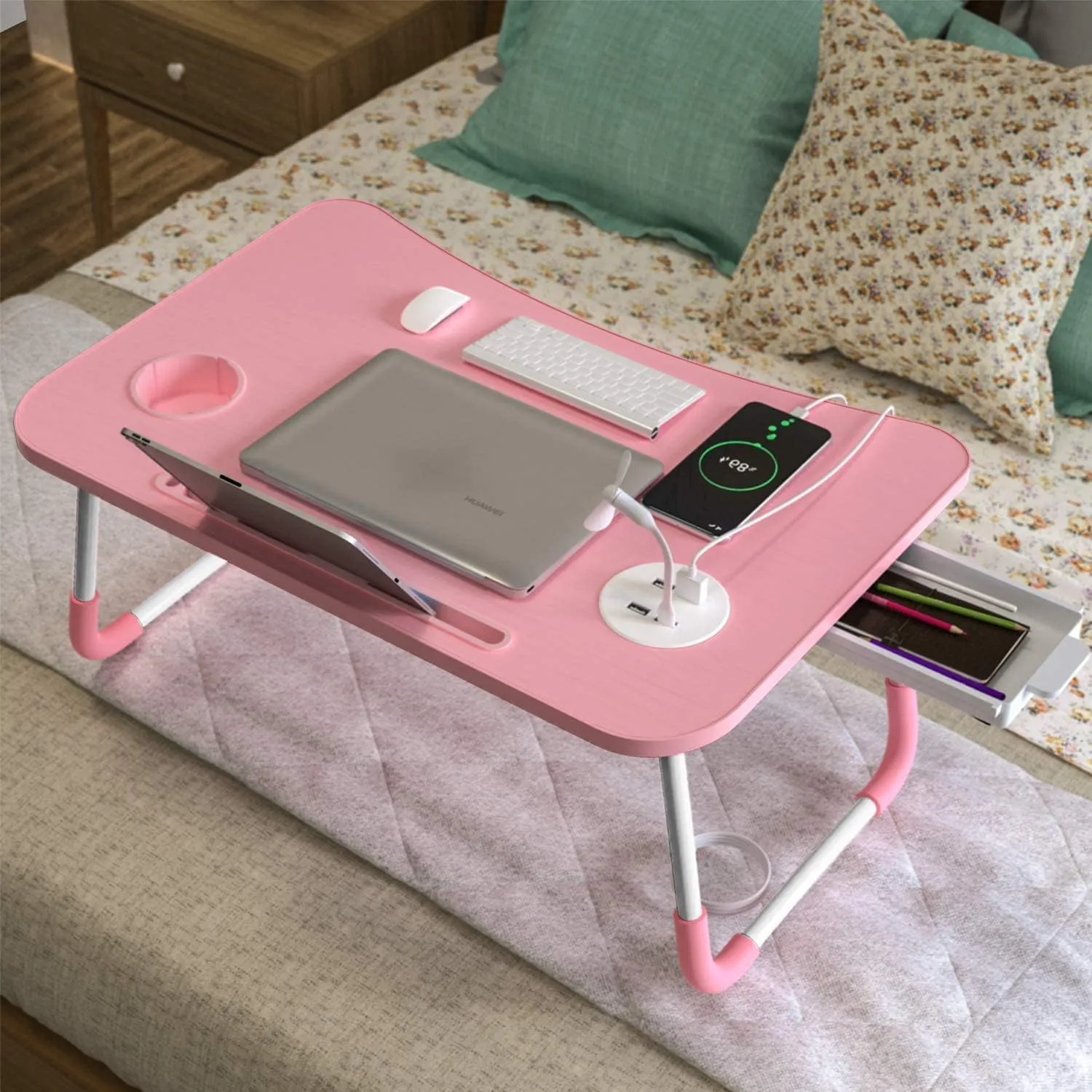 Elekin Laptop Desk for Bed,Portable Folding Lap Desk Bed Table Standing Work Table Bed Tray with 4 USB Port/Cup Holder/Drawer for Bed Couch/Sofa Pink