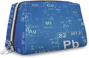 Element Table,Large Capacity Travel Leather Cosmetic Bag,Periodic Element Table Image,Multifunctional Storage Makeup Bag for Women,Blue White,M