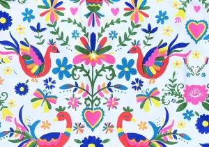 Elrene Home Fashions Summer Fun Otomi Birds, Butterflies and Flowers Vivid Colors Vinyl Flannel Back Tablecloth (52" x 90" Oblong)