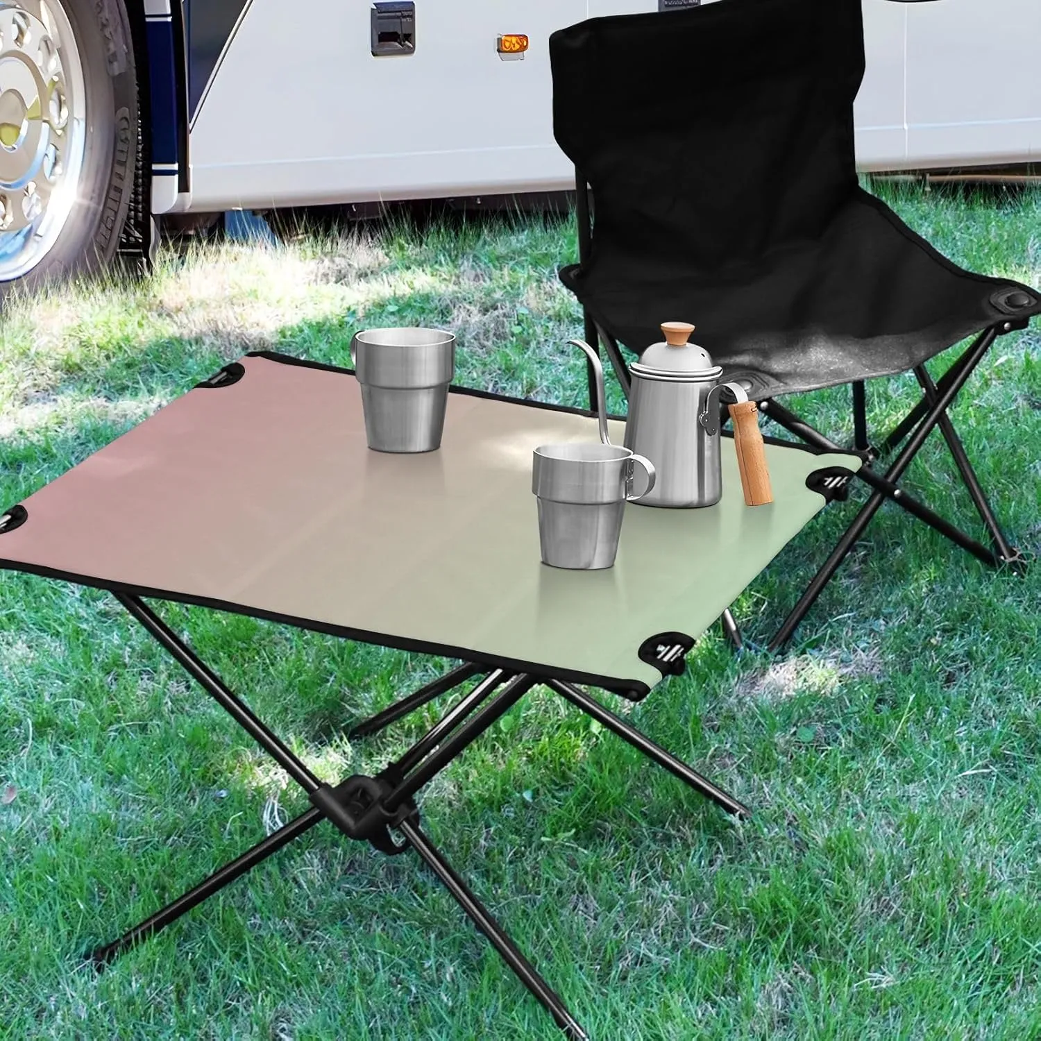 Emelivor Pink Gradient Folding Camping Table Portable Beach Table with Carry Bag Small Foldable Table for Camping Picnic Cooking Outdoor Travel