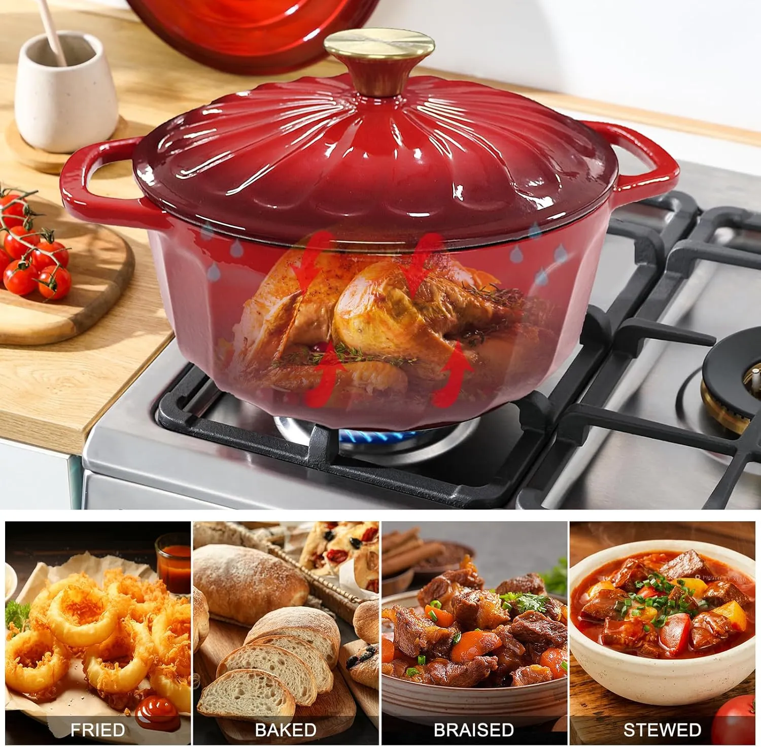 Enameled Dutch Oven with Lid,Cast Iron Dutch Oven Pot,Dual Handles for Bread Baking, Cook, Bake, Refrigerate Safe across All Cooktops(Red,6 QT)