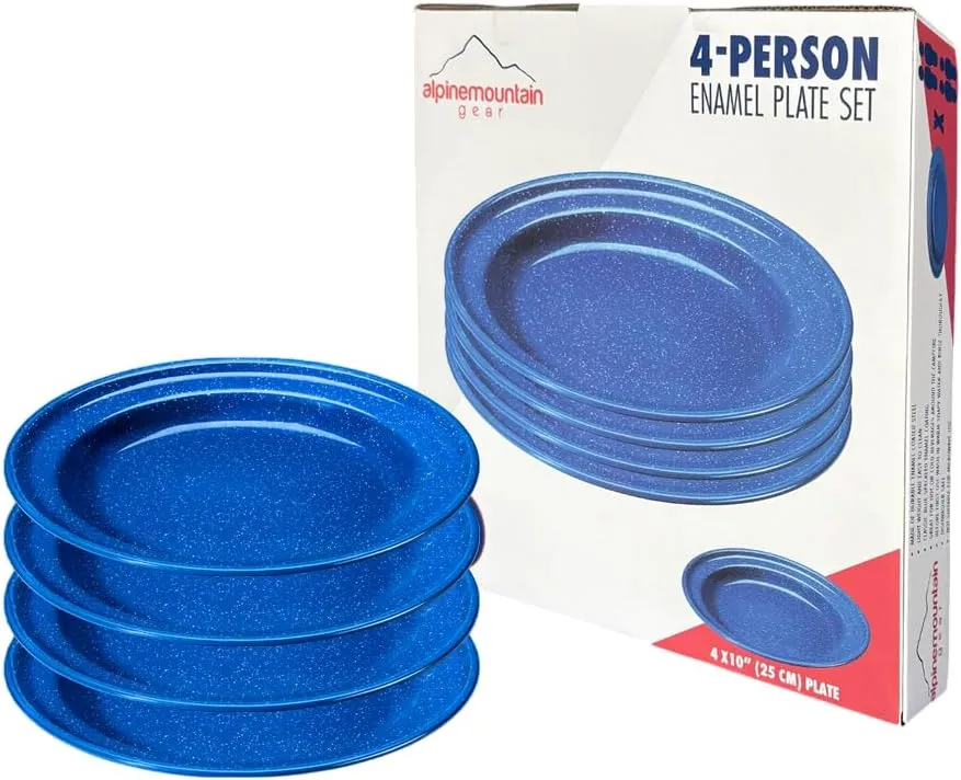Enamelware for Camping and Backpacking - Camping Cookware Gear Essentials for Outdoor/Indoor Use and Backpacking Adventures (Made by Caddis Sports) (10 Inch Plate (4 Pack))