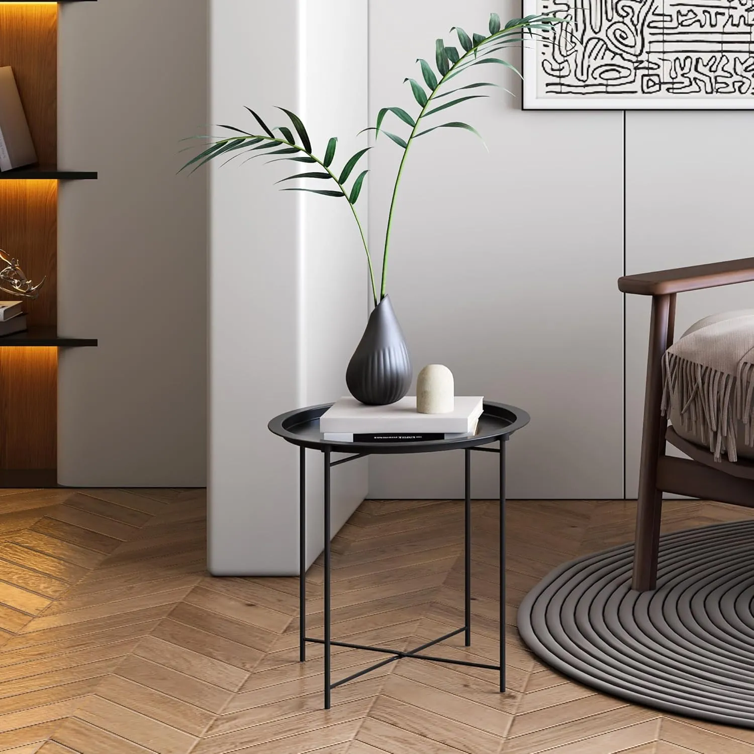 End Table Set of 2,Outdoor Side Table, Small Patio Round Folding Metal Black Side Tables for Outdoor,Living Room,Bedroom Balcony and Office,Φ18.5" x 19.9"H，2 PCS