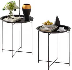 End Table Set of 2,Outdoor Side Table, Small Patio Round Folding Metal Black Side Tables for Outdoor,Living Room,Bedroom Balcony and Office,Φ18.5" x 19.9"H，2 PCS