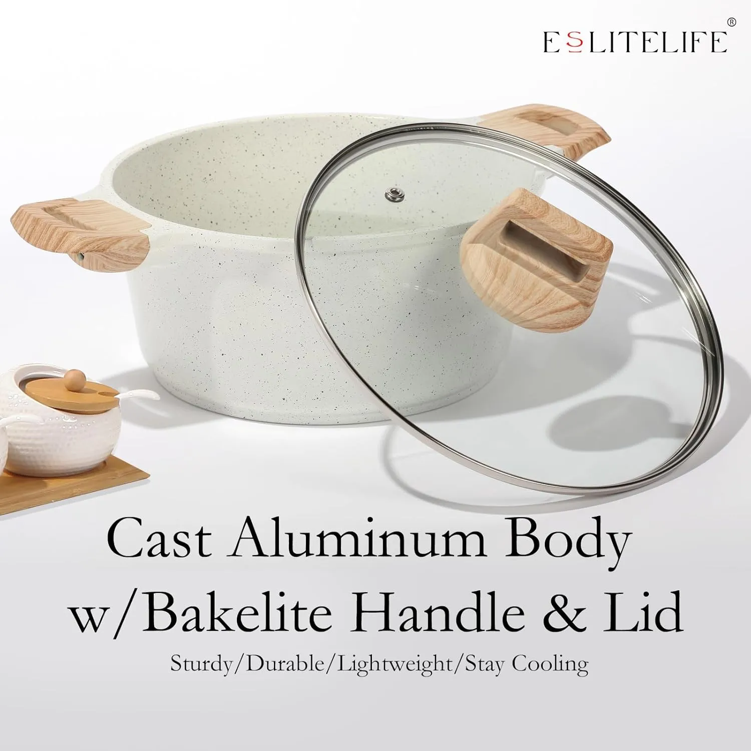 ESLITE LIFE Nonstick Stock Pot with Lid, 7 Quart Granite Casserole Large Soup Pot Pasta Cooking Pot, Induction Compatible, PTFE & PFOA Free, White