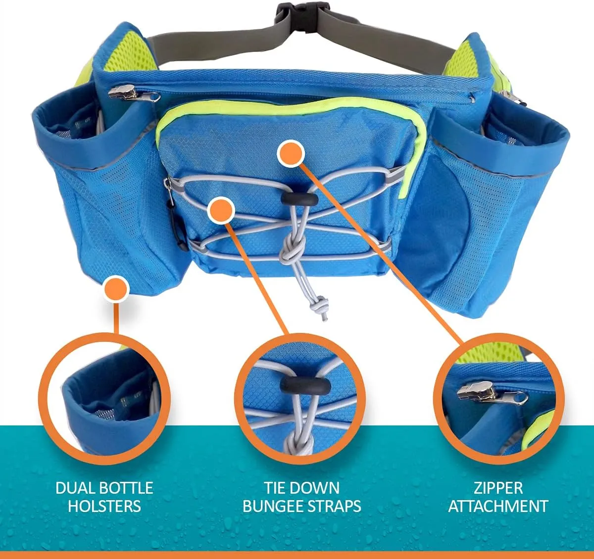 ExtremeMIST Detachable Hydration Waist Pack - Water Bottle Holder Fanny Pack | Belt with 2 Bottle Holders| Zipper Storage Pockets| Perfect for Climbing, Running, Cycling, Jogging, Hiking (Blue, Large)