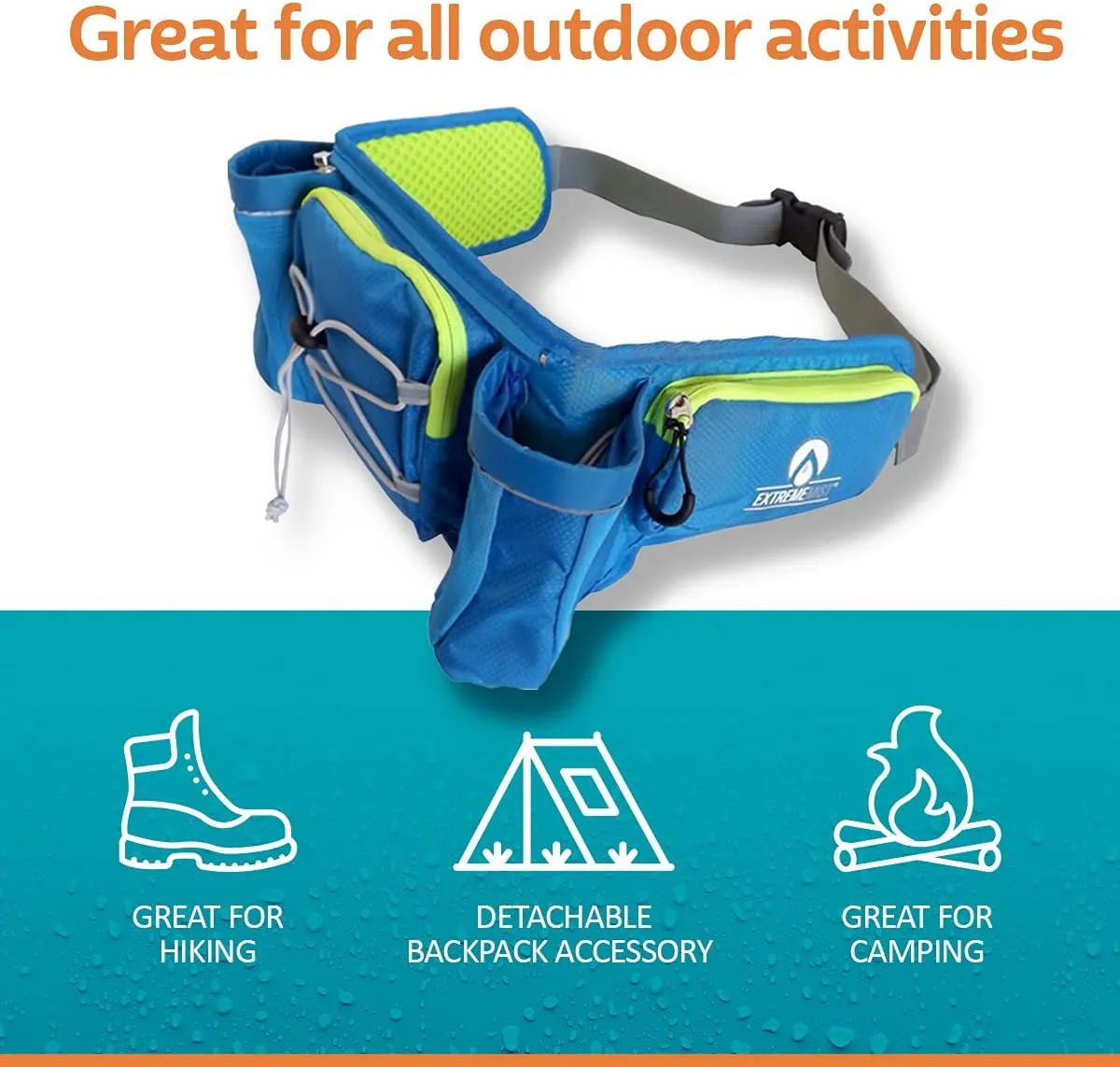ExtremeMIST Detachable Hydration Waist Pack - Water Bottle Holder Fanny Pack | Belt with 2 Bottle Holders| Zipper Storage Pockets| Perfect for Climbing, Running, Cycling, Jogging, Hiking (Blue, Large)