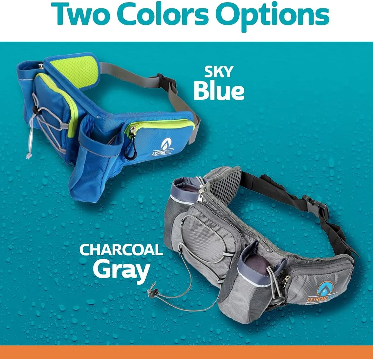 ExtremeMIST Detachable Hydration Waist Pack - Water Bottle Holder Fanny Pack | Belt with 2 Bottle Holders| Zipper Storage Pockets| Perfect for Climbing, Running, Cycling, Jogging, Hiking (Blue, Large)
