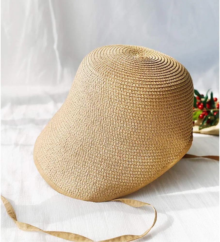 F FADVES French Straw Bonnet Cap for Women Victorian Sun Hat Chin Strap Foldable