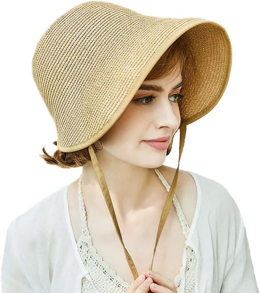 F FADVES French Straw Bonnet Cap for Women Victorian Sun Hat Chin Strap Foldable