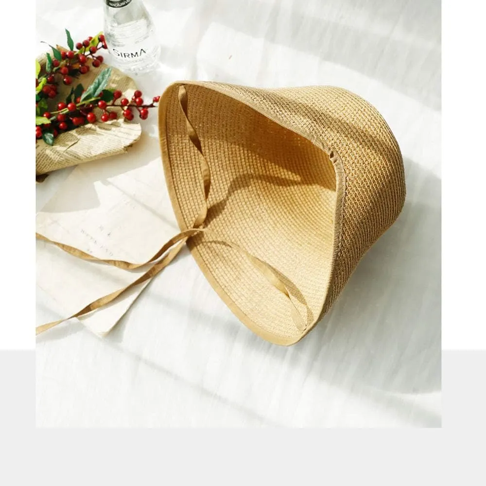 F FADVES French Straw Bonnet Cap for Women Victorian Sun Hat Chin Strap Foldable