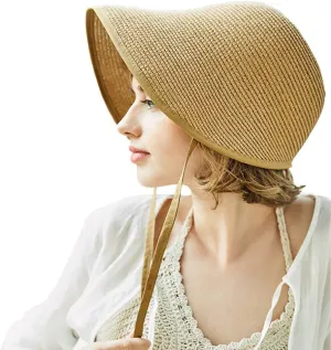 F FADVES French Straw Bonnet Cap for Women Victorian Sun Hat Chin Strap Foldable