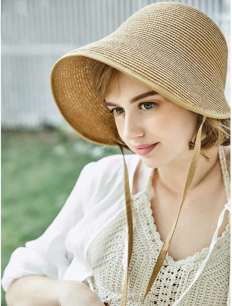 F FADVES French Straw Bonnet Cap for Women Victorian Sun Hat Chin Strap Foldable