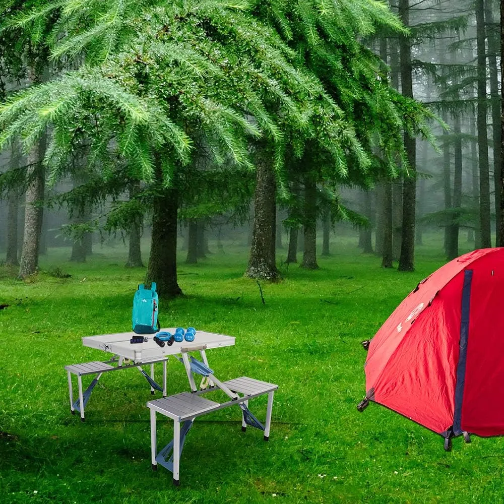Fangool 4FT Folding Picnic Table with 4 Chairs, Lightweight Portable Camping Table Set with Umbrella Hole, Aluminum Alloy Frame & Waterproof Tabletop for Outdoor, RV, Beach, BBQ, Party