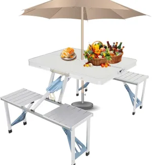 Fangool 4FT Folding Picnic Table with 4 Chairs, Lightweight Portable Camping Table Set with Umbrella Hole, Aluminum Alloy Frame & Waterproof Tabletop for Outdoor, RV, Beach, BBQ, Party