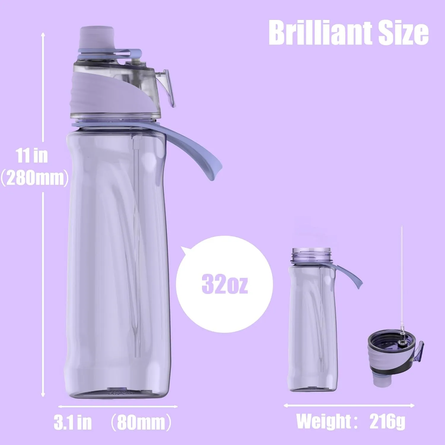 FEIJIAN Mist & Sip Water Bottle, 32oz - BPA-Free, Leakproof, Lightweight, Ideal for Fitness & Outdoor, Purple