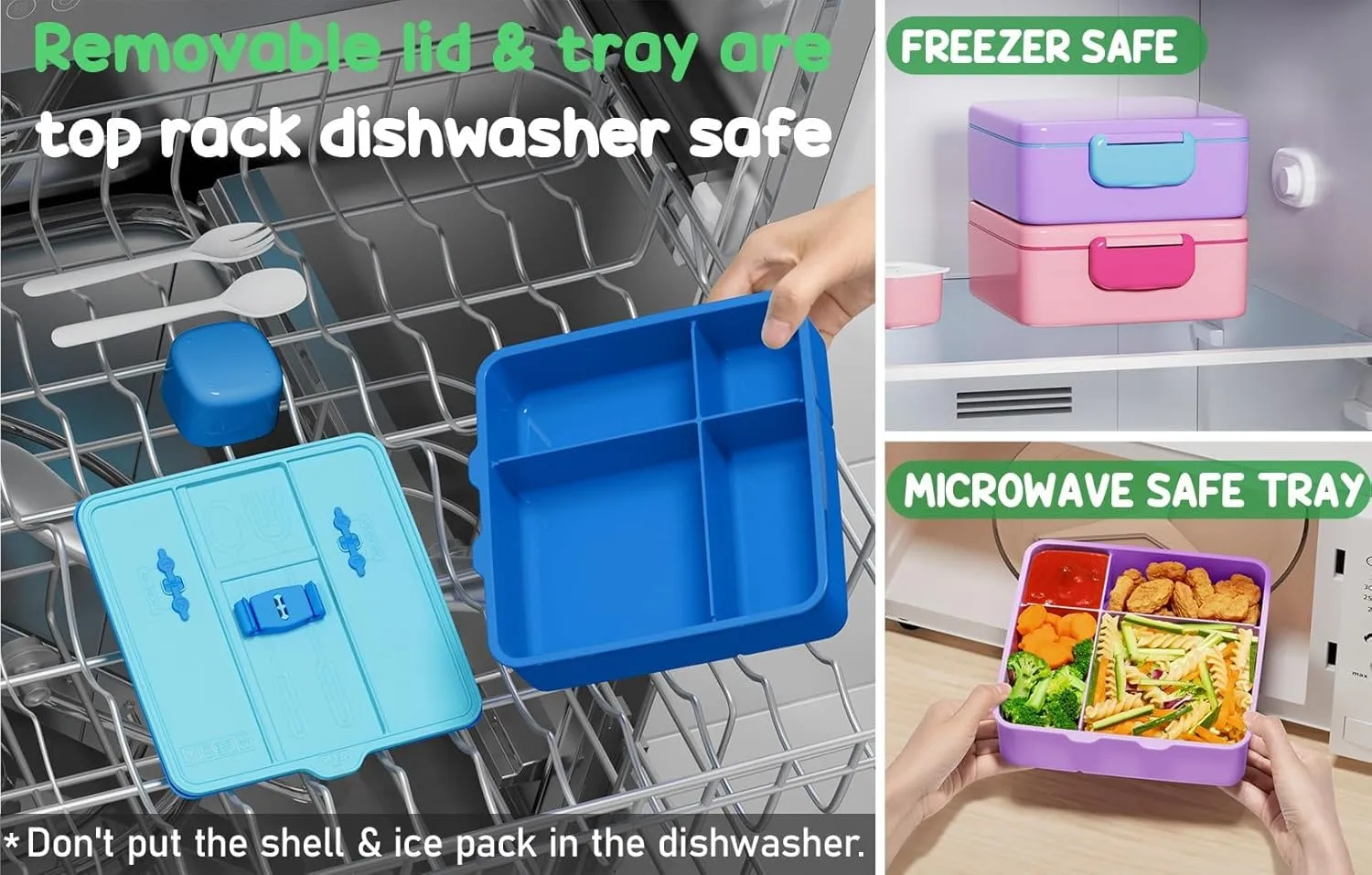 Fimibuke Chill Bento Box for Kids Adult, Leak Proof Toddler Lunch Box with Ice Pack Keep Food Cold, BPA Free 4 Compartment Lunch Container with Utensils for Girl Boy School, Microwave Dishwasher Safe