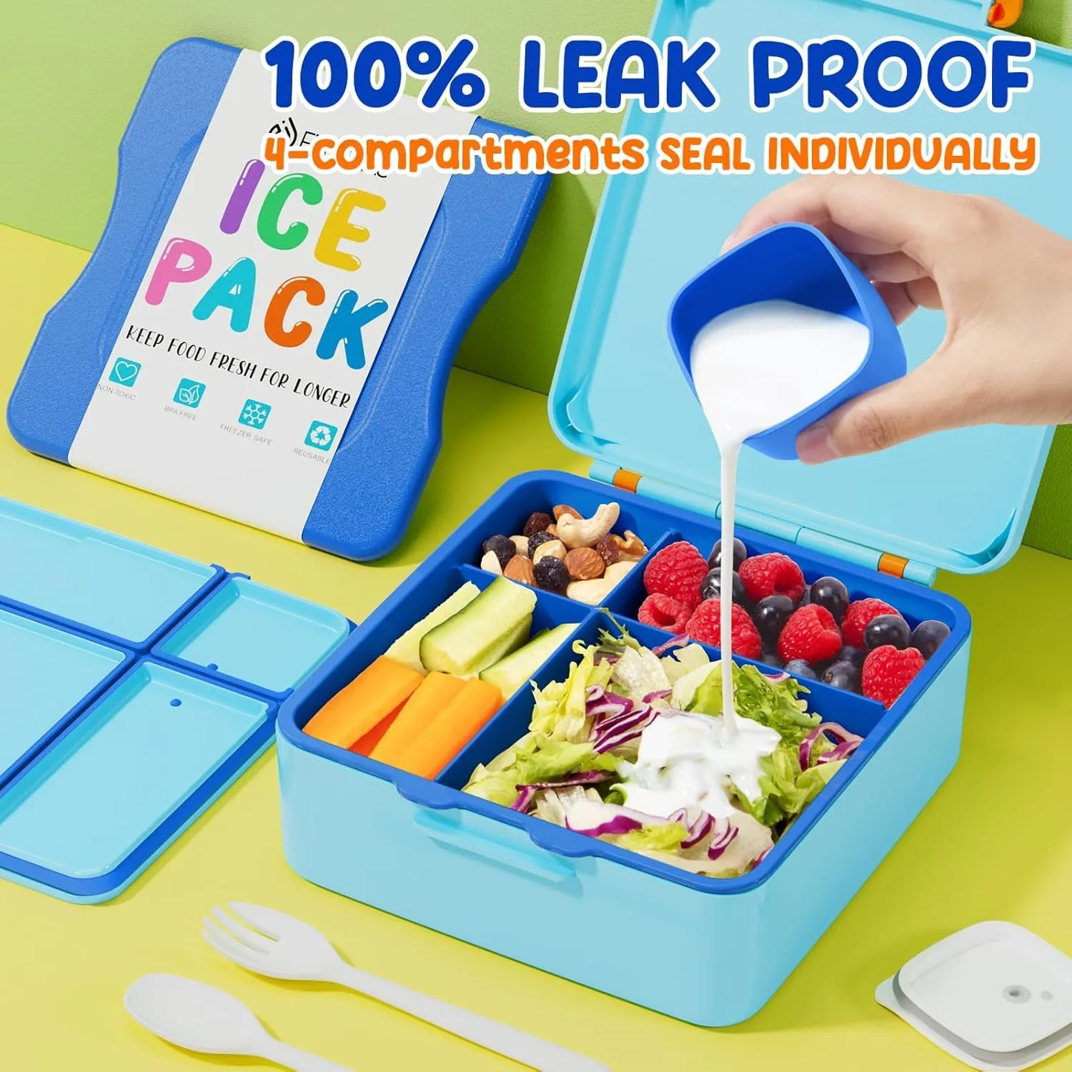 Fimibuke Chill Bento Box for Kids Adult, Leak Proof Toddler Lunch Box with Ice Pack Keep Food Cold, BPA Free 4 Compartment Lunch Container with Utensils for Girl Boy School, Microwave Dishwasher Safe