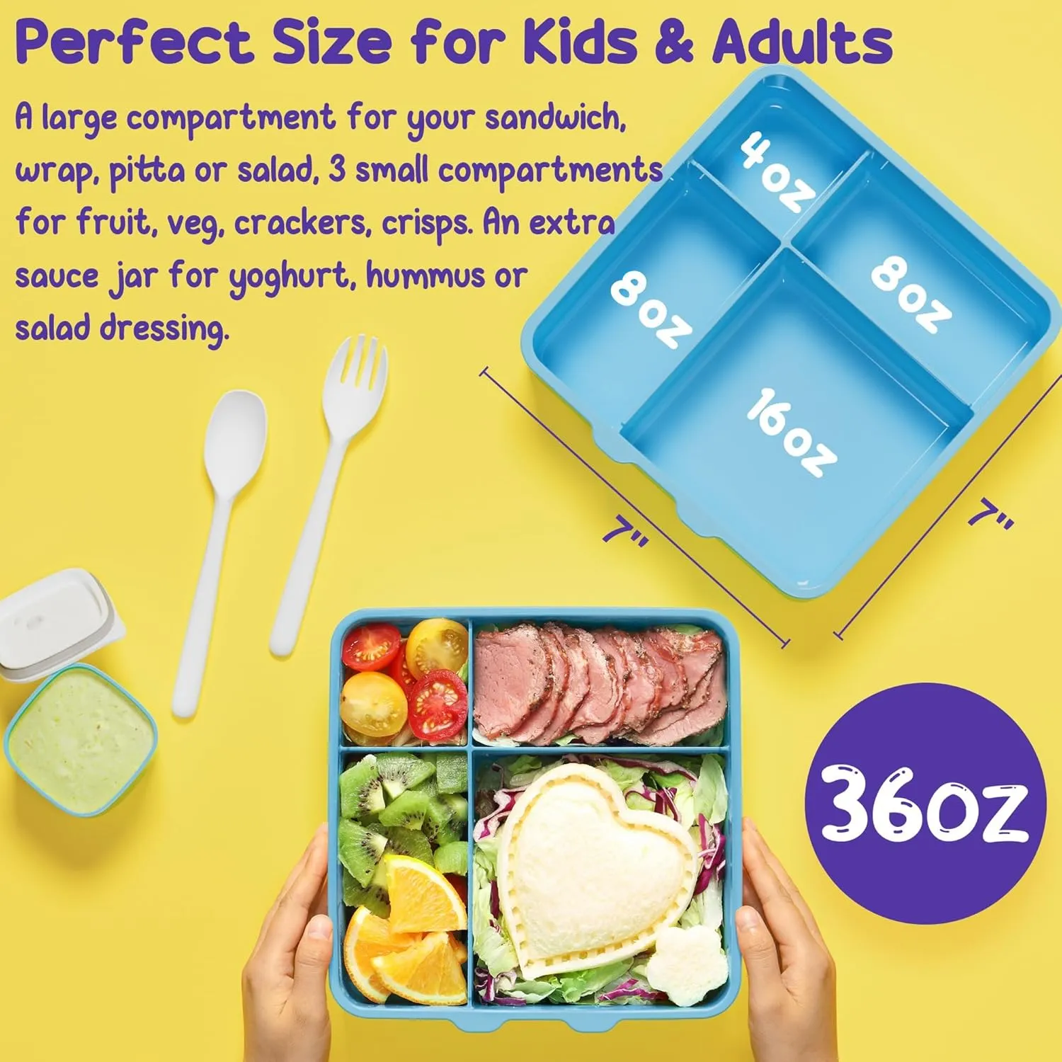 Fimibuke Chill Bento Box for Kids Adult, Leak Proof Toddler Lunch Box with Ice Pack Keep Food Cold, BPA Free 4 Compartment Lunch Container with Utensils for Girl Boy School, Microwave Dishwasher Safe