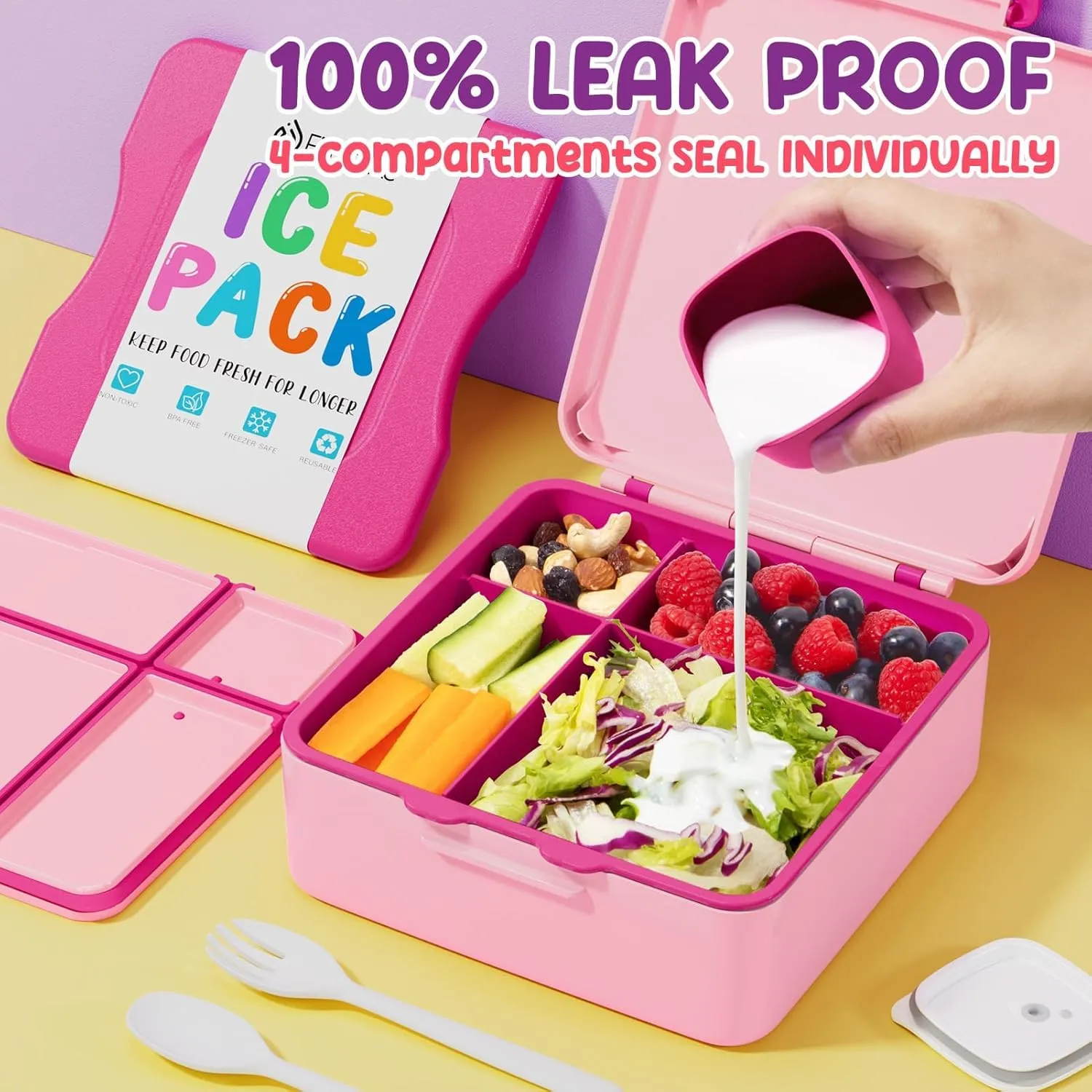 Fimibuke Chill Bento Box for Kids Adult, Leak Proof Toddler Lunch Box with Ice Pack Keep Food Cold, BPA Free 4 Compartment Lunch Container with Utensils for Girl Boy School, Microwave Dishwasher Safe