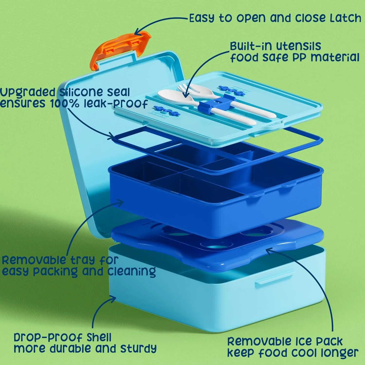 Fimibuke Chill Bento Box for Kids Adult, Leak Proof Toddler Lunch Box with Ice Pack Keep Food Cold, BPA Free 4 Compartment Lunch Container with Utensils for Girl Boy School, Microwave Dishwasher Safe