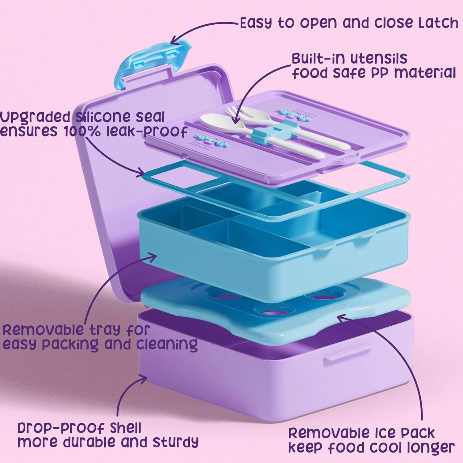 Fimibuke Chill Bento Box for Kids Adult, Leak Proof Toddler Lunch Box with Ice Pack Keep Food Cold, BPA Free 4 Compartment Lunch Container with Utensils for Girl Boy School, Microwave Dishwasher Safe