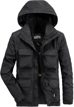 Finelylove Men's Tactical Jacket Military Waterproof Rain Jacket Breathable Hooded Windbreaker Raincoat Multi Pockets