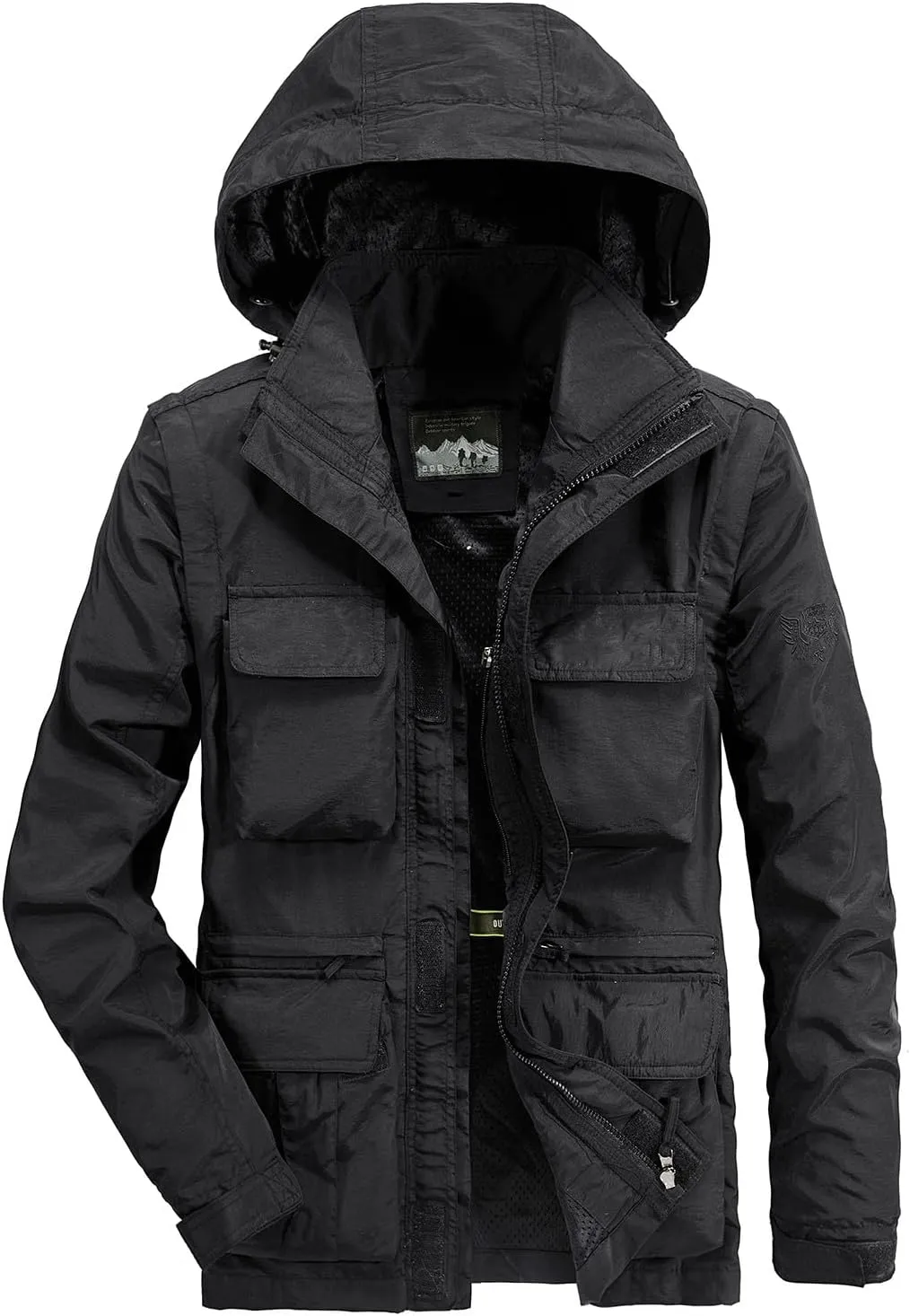 Finelylove Men's Tactical Jacket Military Waterproof Rain Jacket Breathable Hooded Windbreaker Raincoat Multi Pockets