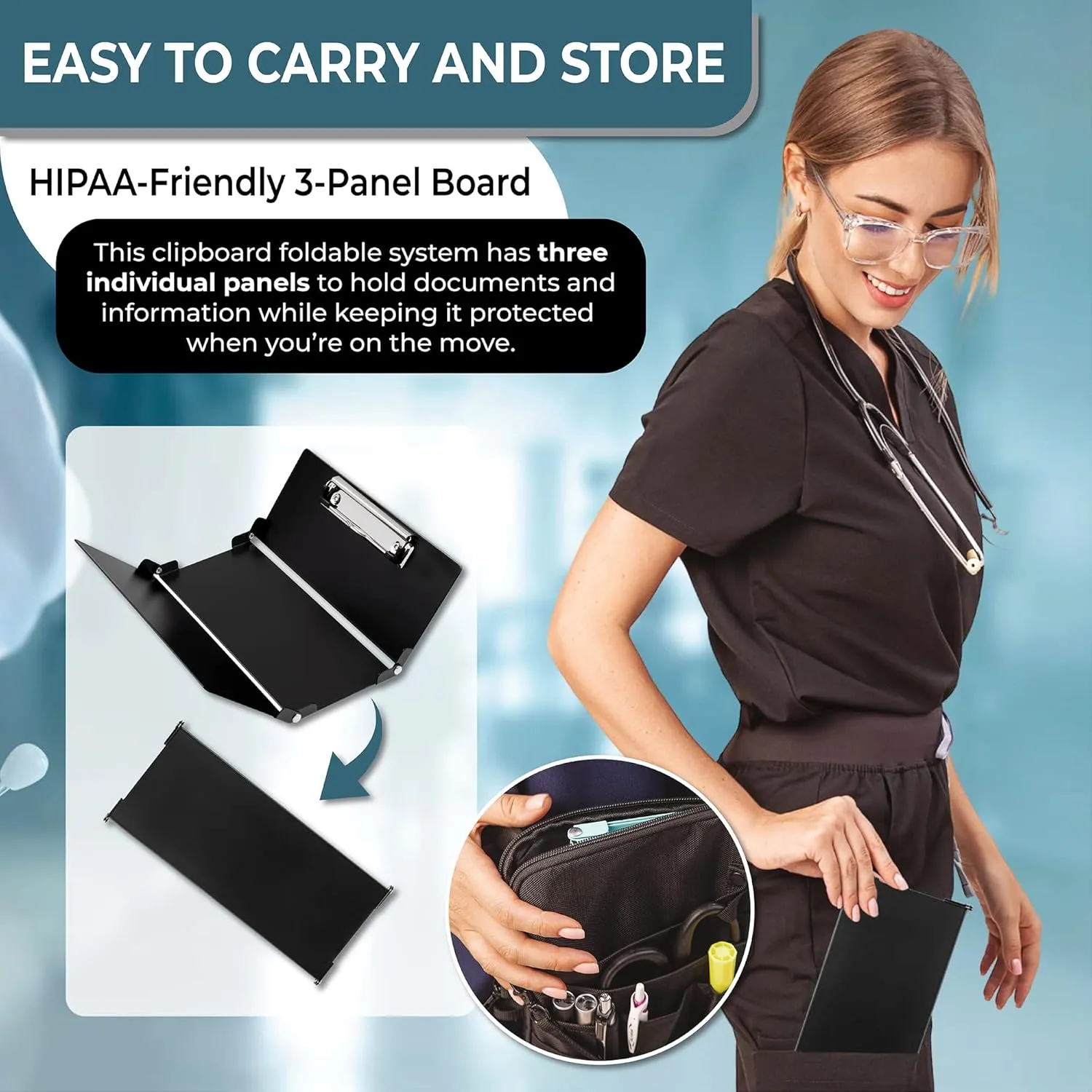 First Lifesaver Nursing Clipboard 3 Layers Aluminum Foldable Nurse Clipboard with Strong ClipFor Nurses, Nursing Students and Doctors (Black)
