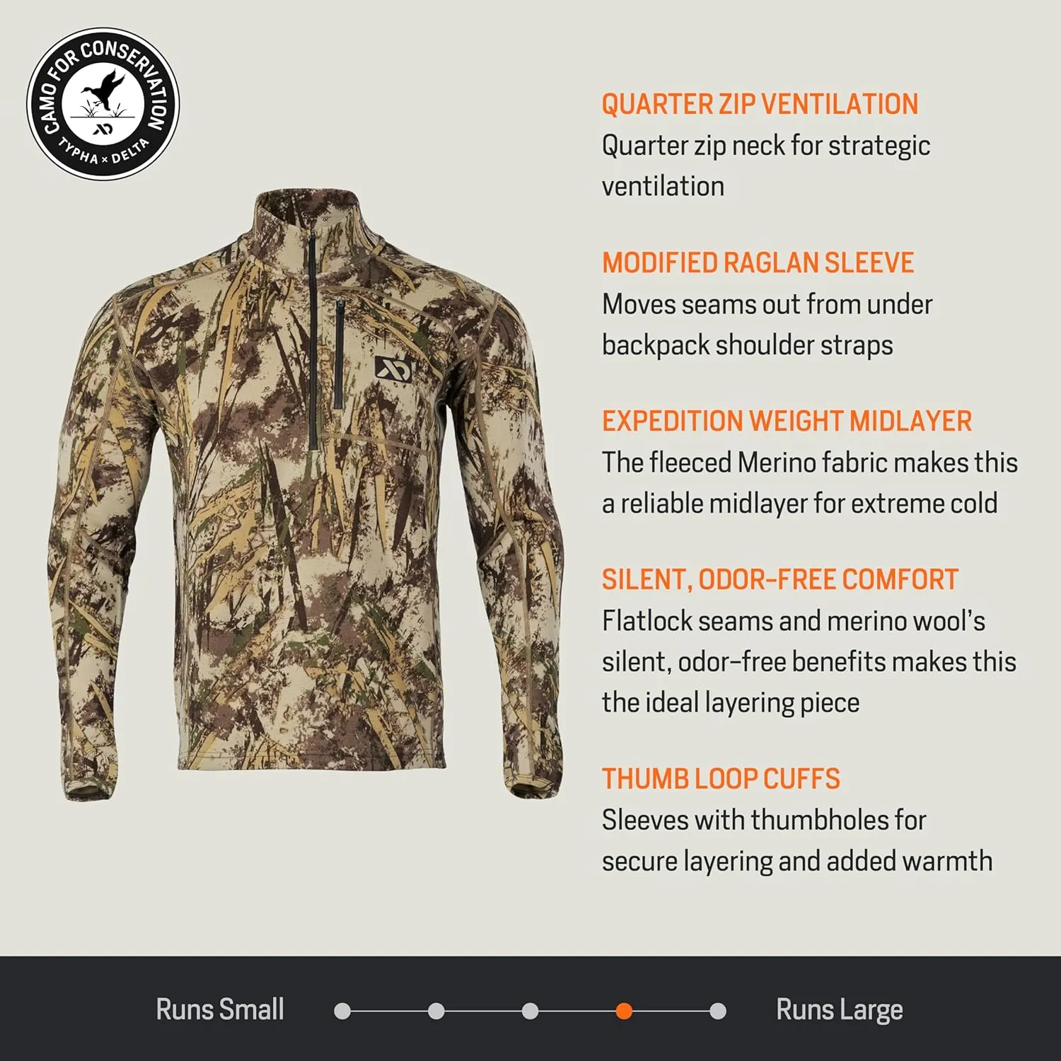 First Lite Men's Furnace Quarter Zip - Merino Wool Fleece Camo Hunting Long Sleeve, Insulated Midlayer, Hunting Gear For Men
