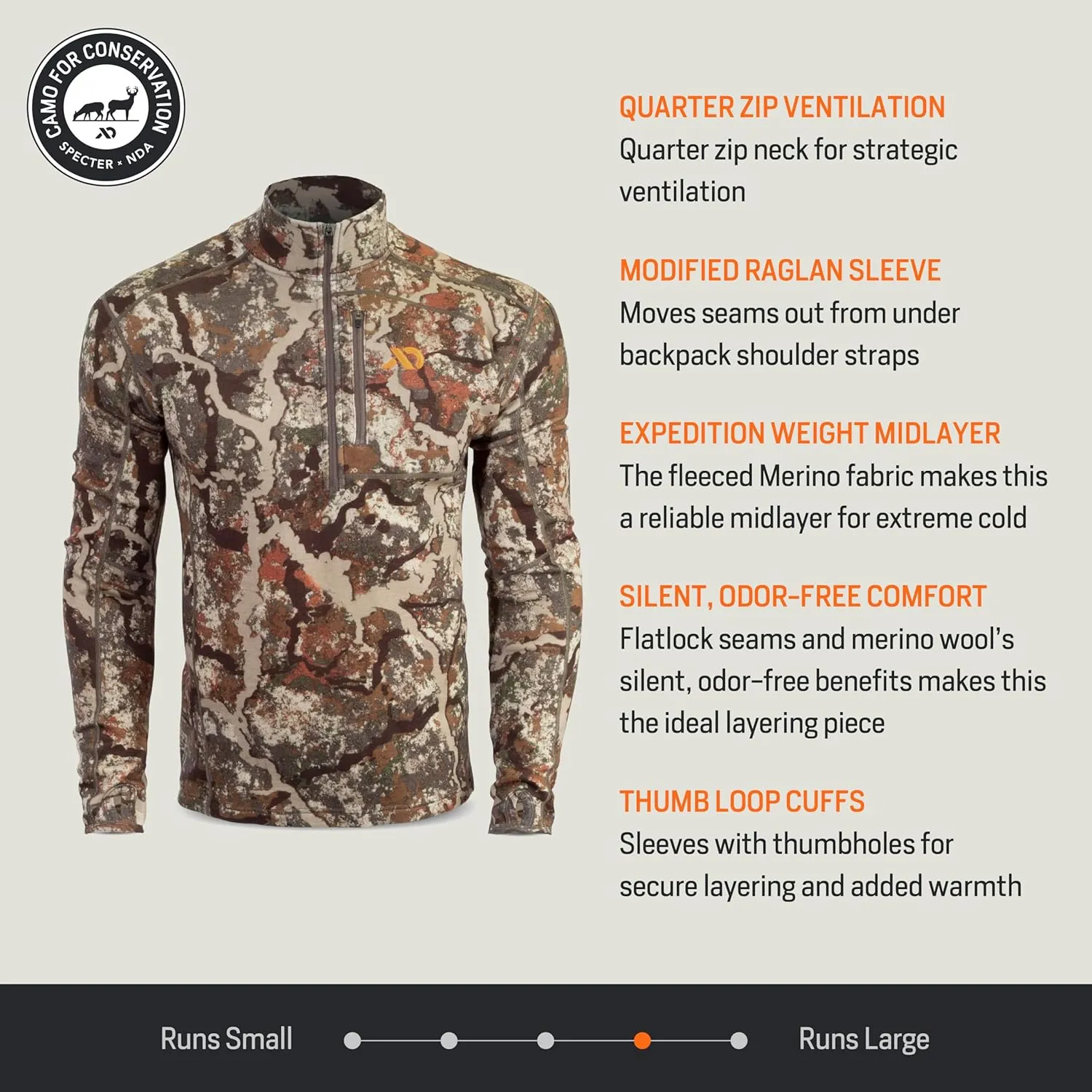 First Lite Men's Furnace Quarter Zip - Merino Wool Fleece Camo Hunting Long Sleeve, Insulated Midlayer, Hunting Gear For Men