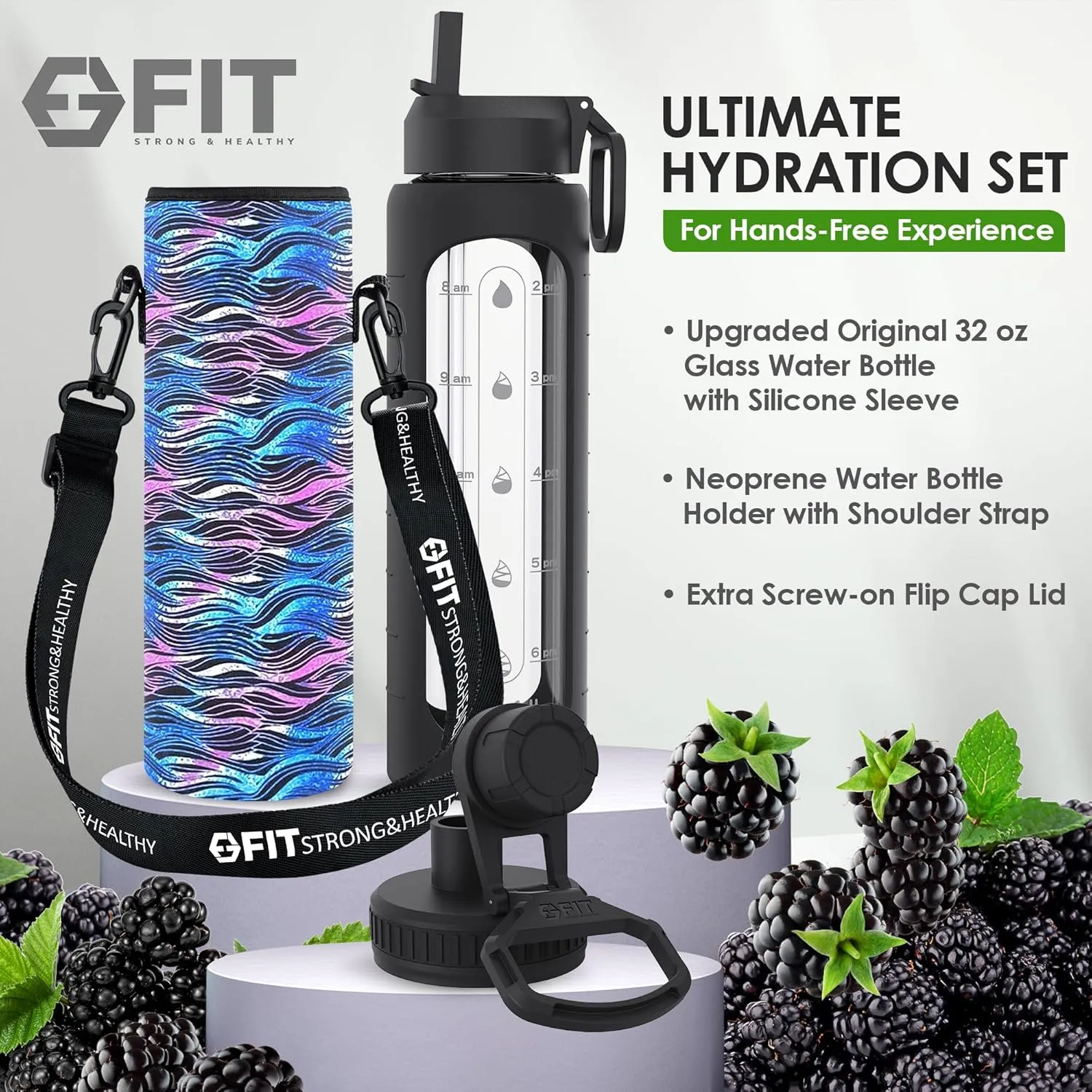 FIT Strong & Healthy 32 oz Glass Water Bottle with Straw Lid, Time Marker, Sleeve & Extra Lid - Motivational, Wide Mouth 1 Liter Glass Drinking Bottle
