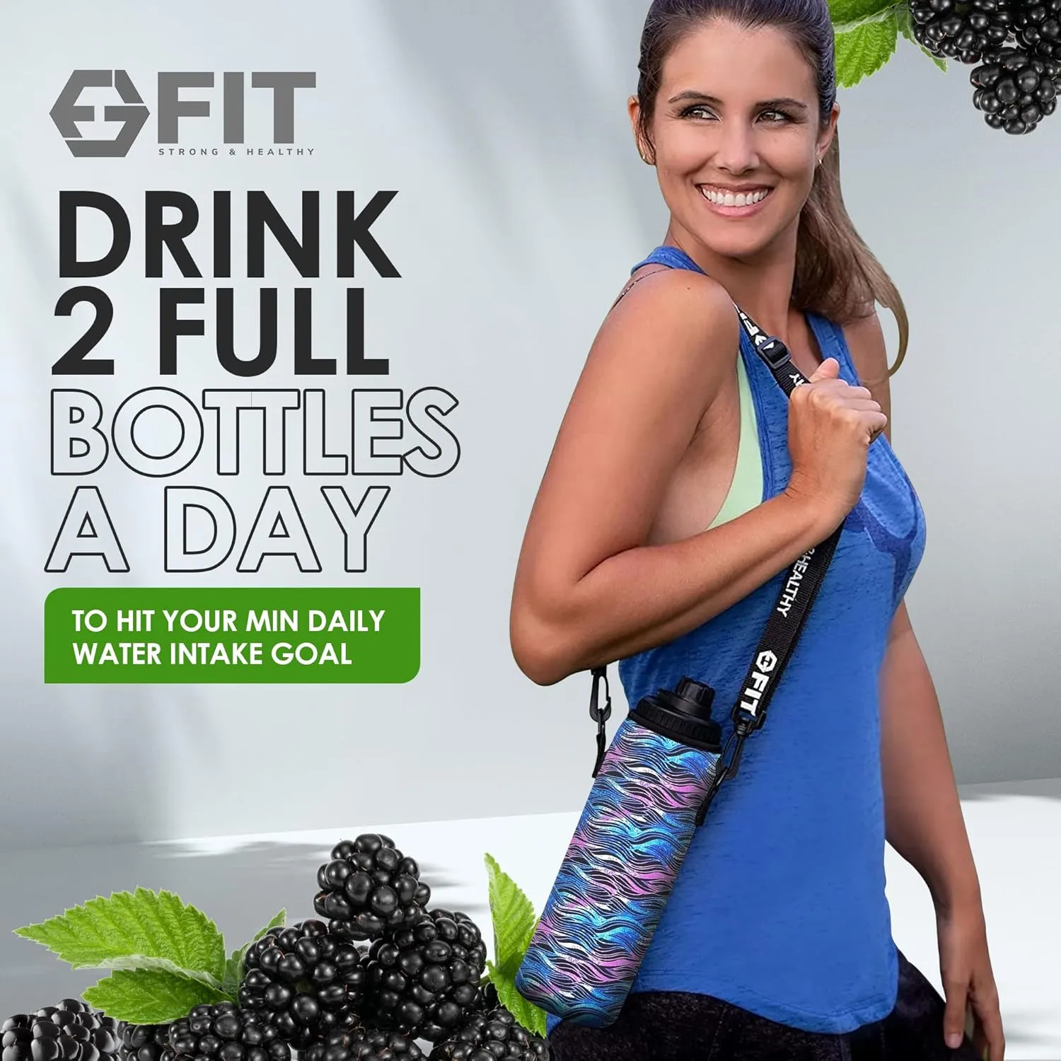FIT Strong & Healthy 32 oz Glass Water Bottle with Straw Lid, Time Marker, Sleeve & Extra Lid - Motivational, Wide Mouth 1 Liter Glass Drinking Bottle